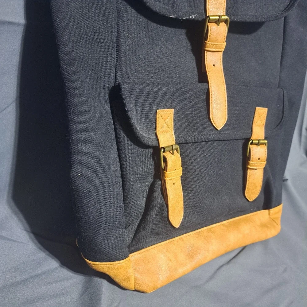 DSW‎ Black Canvas Backpack Faux Leather Trim Buckle Detail Pockets VGUC